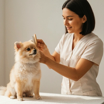 Puppy grooming expert demonstrating gentle brushing technique on a small, fluffy puppy, clean bright studio, no text, no words, no typography, 8K, natural lighting