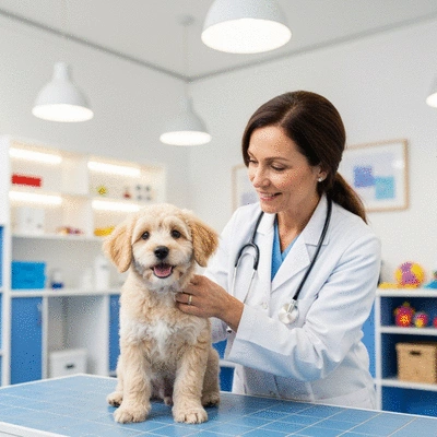 Puppy getting a health checkup from a veterinarian, gentle interaction