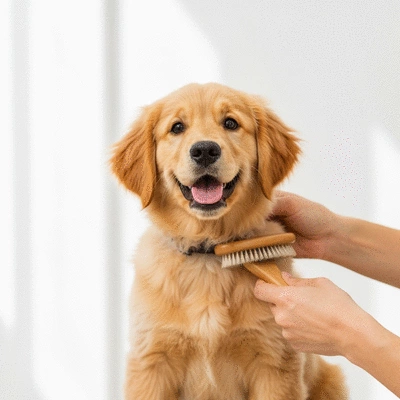 Happy puppy enjoying a gentle grooming session, with soft brushes and a person's hands, clean background, no text, no words, no typography, 8K, natural lighting