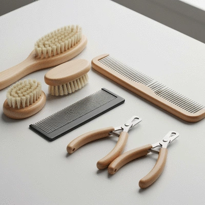 Assortment of safe puppy grooming tools on a clean surface