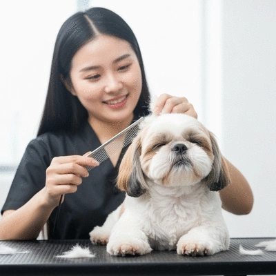 Puppy being gently groomed by a professional, looking happy and relaxed