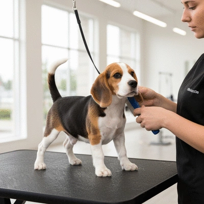 Cute puppy being gently brushed by a groomer, clean and bright environment, no text, no words, no typography, 8K