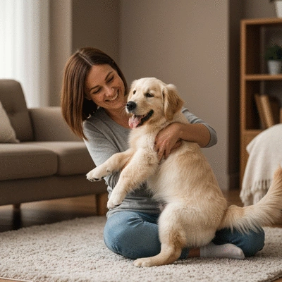 Happy puppy being cuddled by owner after a grooming session, home environment, no text, no words, no typography, 8K