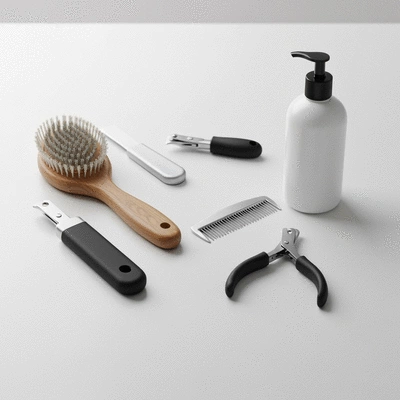 Assortment of puppy grooming tools on a clean surface