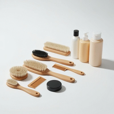 Puppy grooming kit with brushes and shampoo on a clean white background