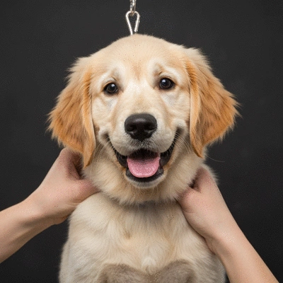 Happy puppy getting groomed, showing healthy coat and skin