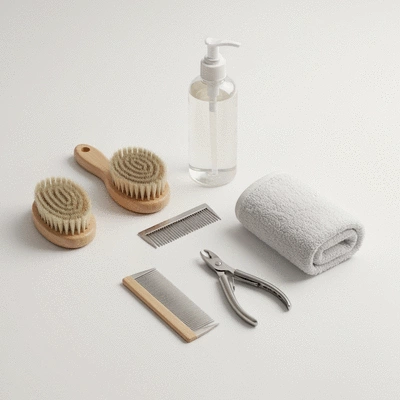Various puppy grooming tools neatly arranged on a clean background