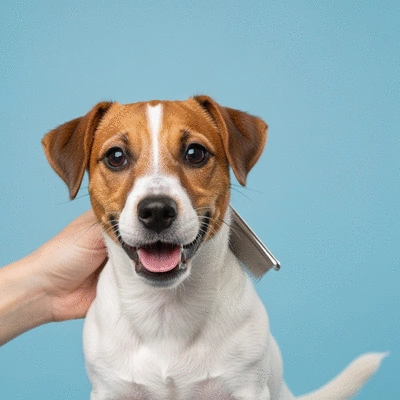 Happy puppy being groomed with a brush, clean background