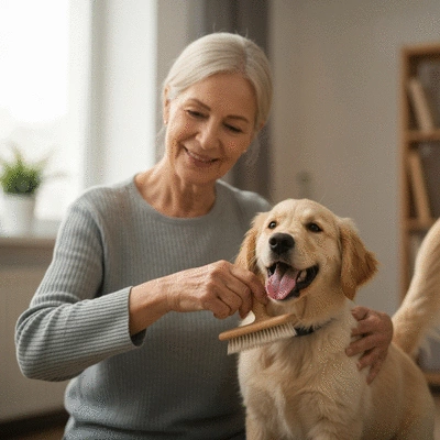 Owner gently brushing a happy puppy's fur at home, natural lighting