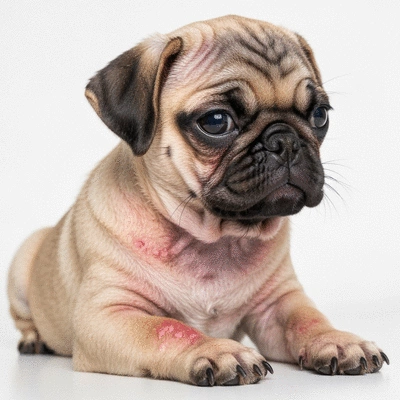 Close-up of a puppy with red, flaky, and irritated sensitive skin, showing discomfort, no text, no words, no typography, clean image