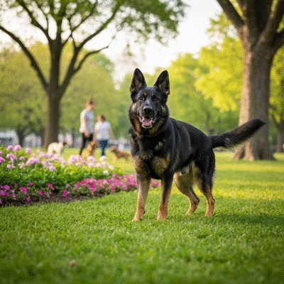 Happy pet owner showing a well-groomed puppy to a friend in a park